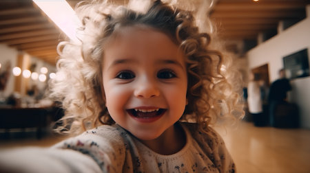 Portrait of a cute little girl with curly hair taking a selfieの素材
