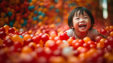 cute little asian girl playing with colorful balls in the playgroundの素材