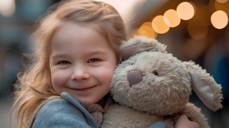 Portrait of a little girl with teddy bear in the cityの素材