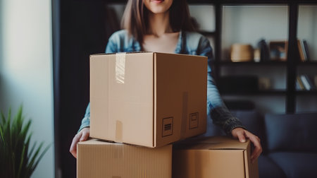 Young woman holding cardboard boxes in her hands while moving into a new homeの素材