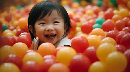 Cute asian baby girl playing with colorful balloons in the parkの素材