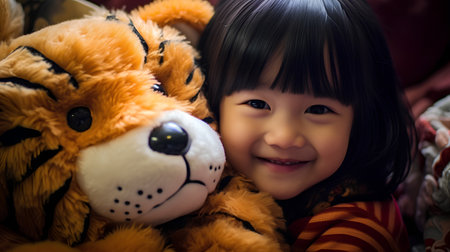 Cute asian little girl playing with teddy bear toy.の素材