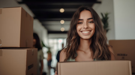 Portrait of a smiling young woman carrying a cardboard box while moving to a new homeの素材