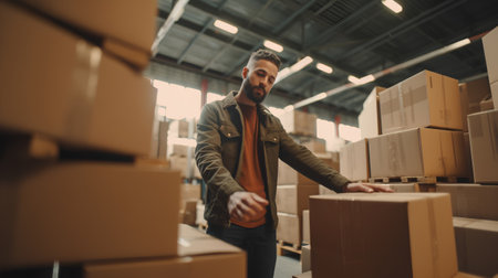 Warehouse worker working in a large warehouse. This is a freight transportation and distribution warehouse. Industrial and industrial workers conceptの素材