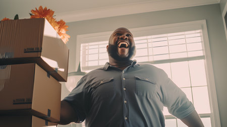 Portrait of a happy African-American man carrying boxes in his new homeの素材