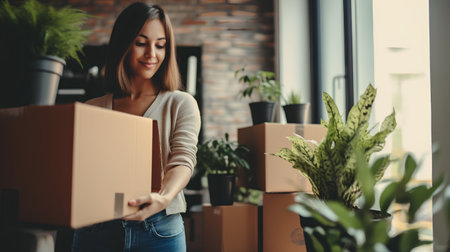 Beautiful young woman moving into a new house. Young woman unpacking boxes.の素材