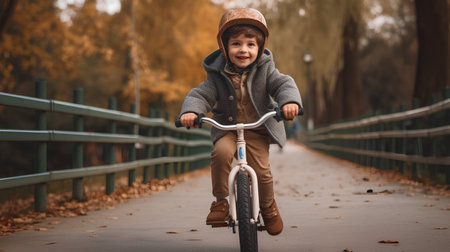 Little boy riding a bicycle in the autumn park. Active lifestyle.の素材