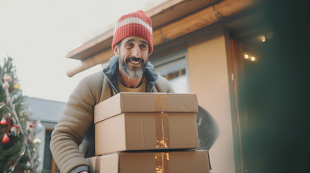 Portrait of a smiling delivery man carrying boxes on his shoulder.の素材
