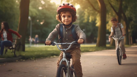 Cute little boy in helmet riding a bicycle in the park.の素材