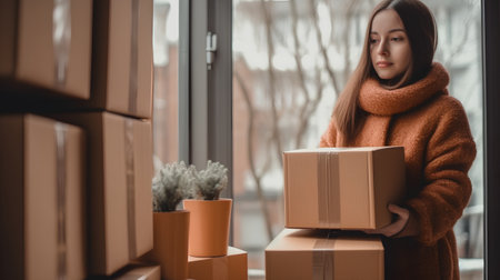 Young beautiful woman in a brown coat with a box in her hands.の素材