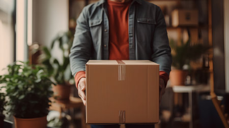 Close up of a man holding a cardboard box in his hands while standing in the officeの素材