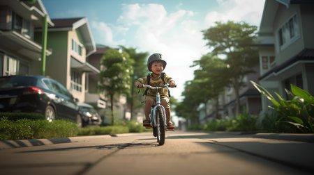 Little boy riding a bicycle in the city. Selective focus.の素材