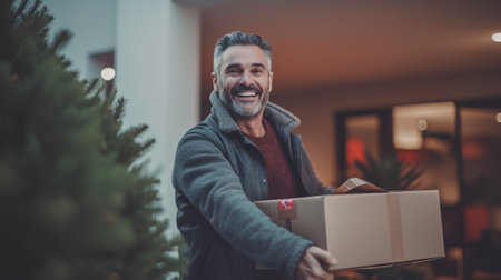 Smiling mature man holding a gift box while standing in front of Christmas treeの素材