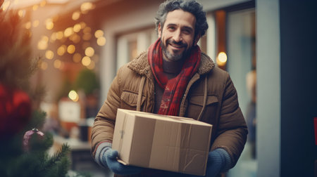 Handsome man is holding a box and smiling while standing outdoorsの素材