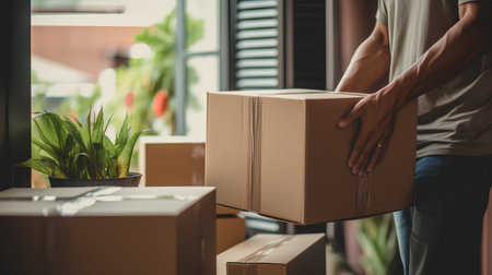 Young man carrying cardboard box in the living room, moving to new houseの素材