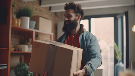 Portrait of a young man carrying a cardboard box while moving to new homeの素材