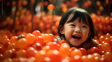 Happy asian little girl playing with orange and red pumpkin in the gardenの素材