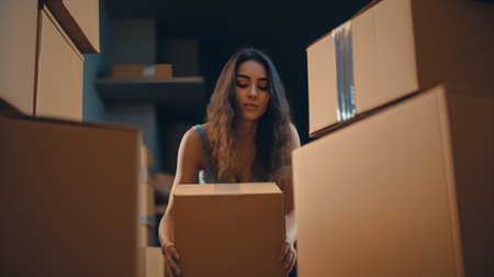Beautiful young woman moving in a new home. She is carrying a cardboard boxの素材