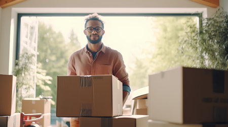 Portrait of a young African American man moving in a new home.の素材