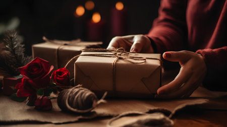 Female hands holding a gift box on a wooden table with a red rose.の素材