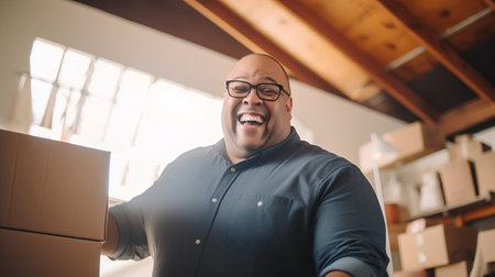 Portrait of a happy African-American man in a warehouse.の素材