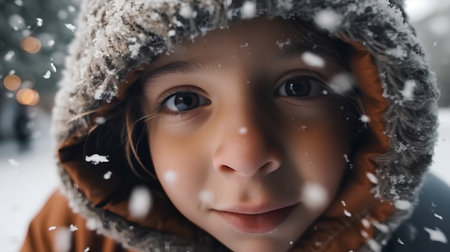 Portrait of a beautiful little girl in a warm coat and hatの素材