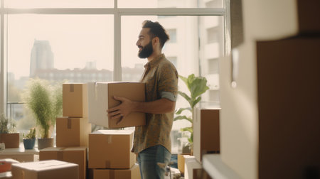 Young man moving in a new home. Young man carrying boxes.の素材