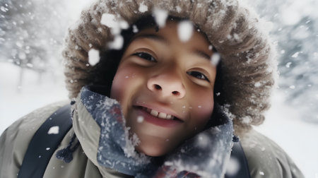 Portrait of a boy in a winter park with snowflakesの素材