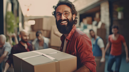 Delivery man with parcel in his hands. Smiling delivery man in eyeglasses holding box and looking at camera.の素材