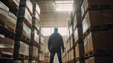 Man in warehouse. Rear view of young man standing in warehouse and looking at boxes.の素材