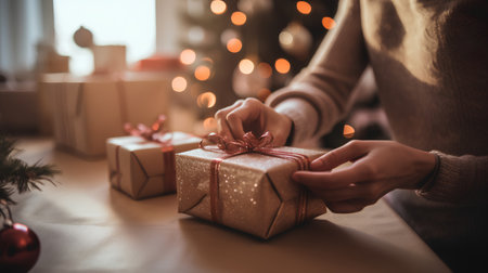 Hands of young woman holding christmas gift box on blurred backgroundの素材
