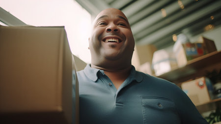 Portrait of happy African-American man carrying cardboard box in officeの素材