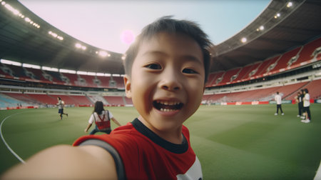 Little asian boy in red t-shirt taking a selfie at the stadiumの素材