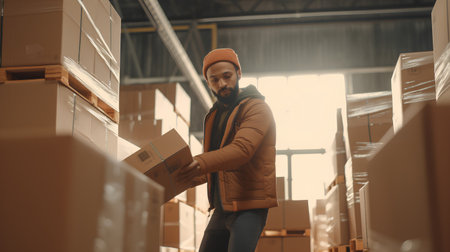Young man working in warehouse. This is a freight transportation and distribution warehouse. Industrial and industrial workersの素材