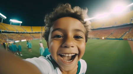 African american boy taking a selfie in a soccer stadium at nightの素材
