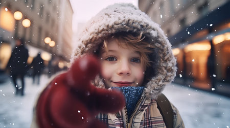 Cute little boy making a snowball in the city at winter timeの素材