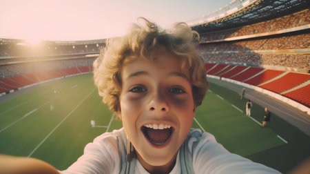 Portrait of young boy making selfie on a soccer stadium background.の素材