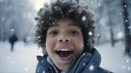 Closeup portrait of a boy in the winter park with snowfallの素材