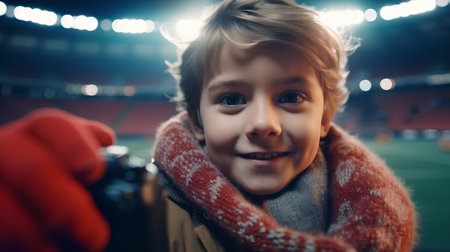 Portrait of a cute little boy holding a camera at the stadiumの素材