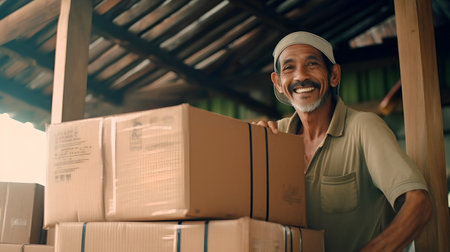 Portrait of smiling senior man carrying cardboard boxes in warehouse. Senior male working with parcels.の素材