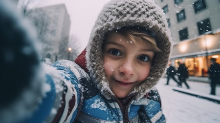 Cute little boy taking a selfie on a snowy winter day.の素材