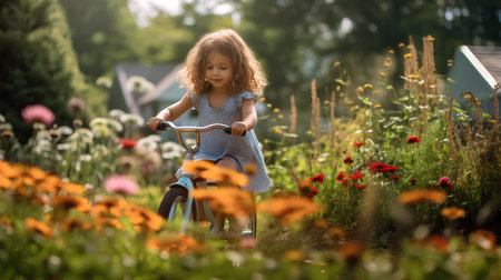 Cute little girl riding a bicycle in the summer garden with flowersの素材