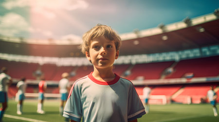 Portrait of a boy in a soccer stadium. Selective focus.の素材