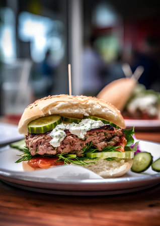 Beef burger with pickled cucumber and tzatziki sauceの素材