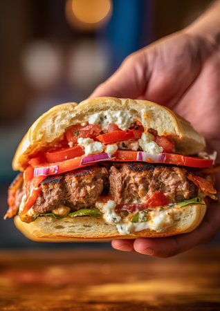 Delicious hamburger in hand on a wooden background. Toned.の素材