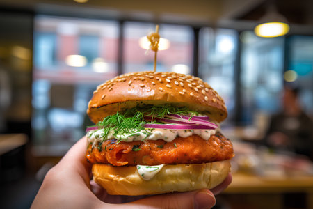 Hamburger with salmon and onion in a woman's hand.の素材
