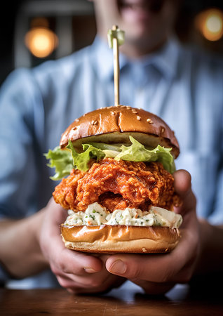 Close up of hamburger with fried chicken and cheese in man handsの素材