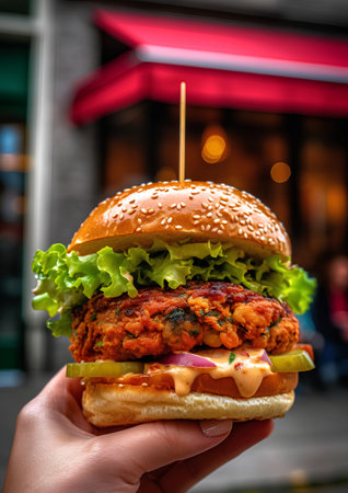 Hamburger in a female hand on the background of a restaurantの素材