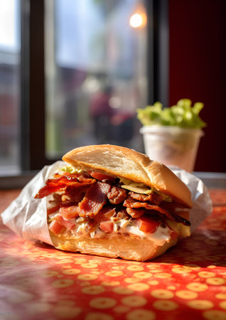 Burger with bacon and cheese on a table in a cafe.の素材