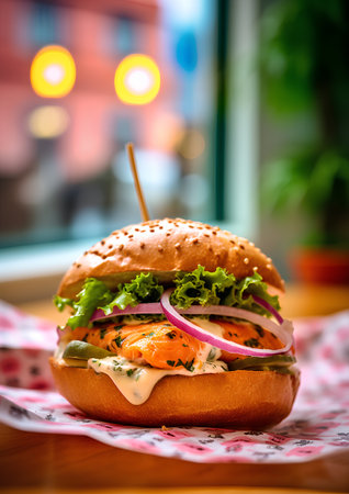 Bacon burger with salmon, onion, lettuce and mayonnaiseの素材